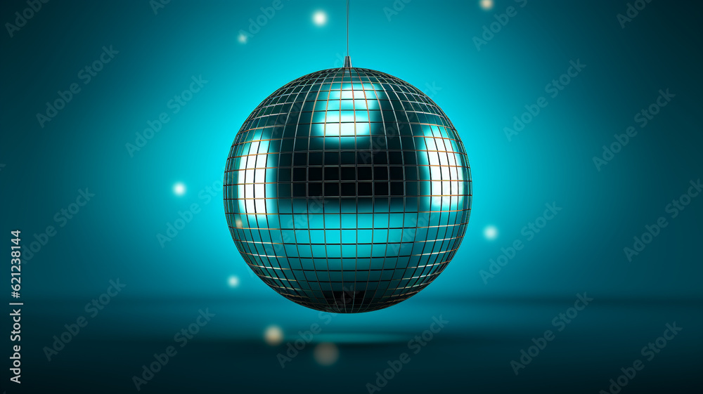 Obraz premium cyan türkis blaue Discokugel mit Lichtern und Lichteffekten. Querformat. Generative Ai.