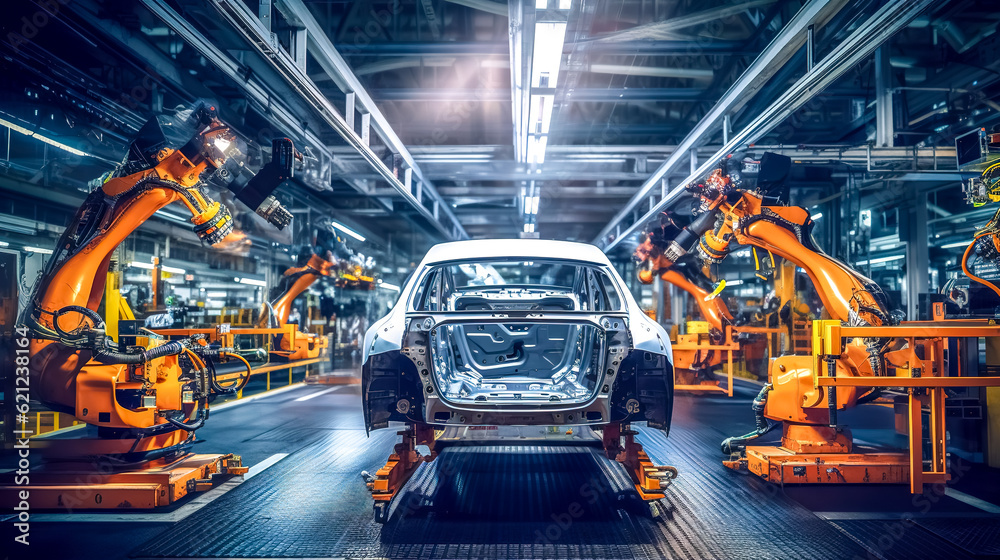futuristic robotic line for the production of cars, automotive car conveyor made with Generative AI futuristic robotic line for the production of cars, automotive car conveyor made with Generative AI