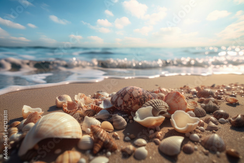 Natural beauty of seashells on a beach with blue ocean water and sunny sky creates an exotic tropical vacation scenery. Coastal environment and waves add to the beauty of the landscape. AI Generative