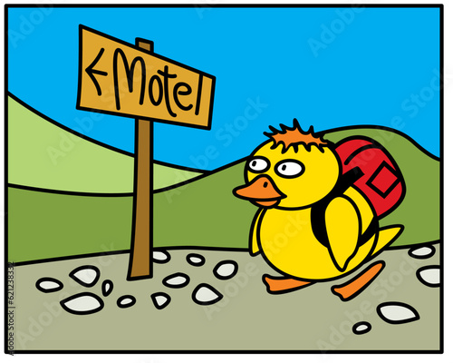 A little yellow duckling travels through the green hills