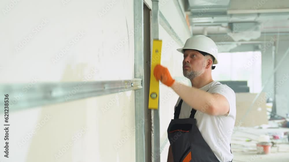 A man builder measures of the vertical deviation of plasterboard wall. Bubble level ruler A man builder measures of the vertical deviation of plasterboard wall. Bubble level ruler