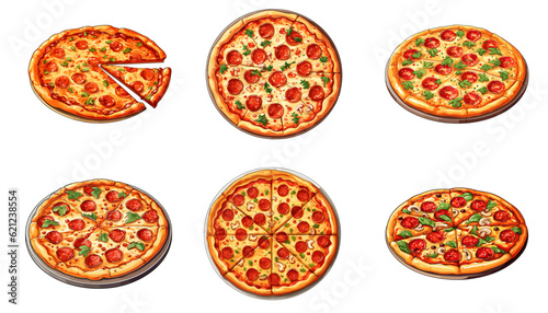 Hand Draw Pizza set with various ingredients in cartoon style. Whole and chopped pizza icon. Vector illustration EPS10