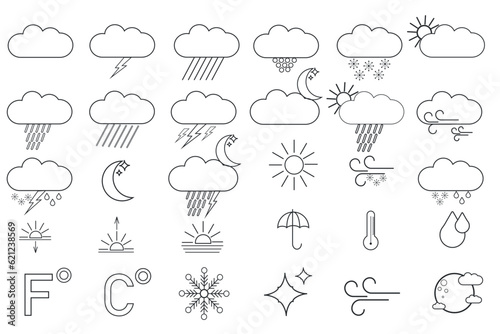 Collection of meteorological icons or symbols for weather forecast - sun, clouds, wind, rain, snow, air temperature drawn with contour lines on white background.