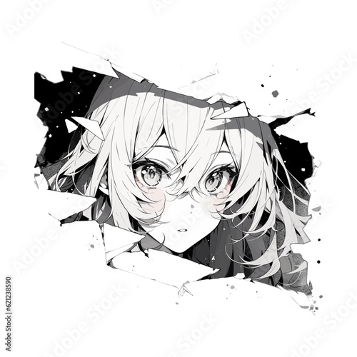 Manga eyes looking from a paper tear. Anime girl peeps out isolated on white background. Vector illustration EPS10