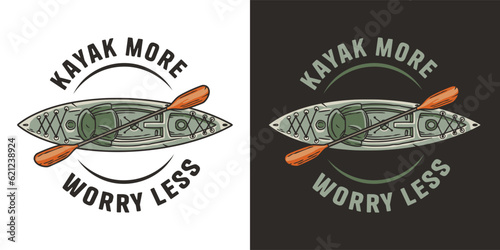 Kayaking sport print. Rafting on kayak on the river among the mountains