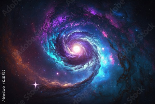 spiral galaxy with a bright center and stars in the background. Generative AI