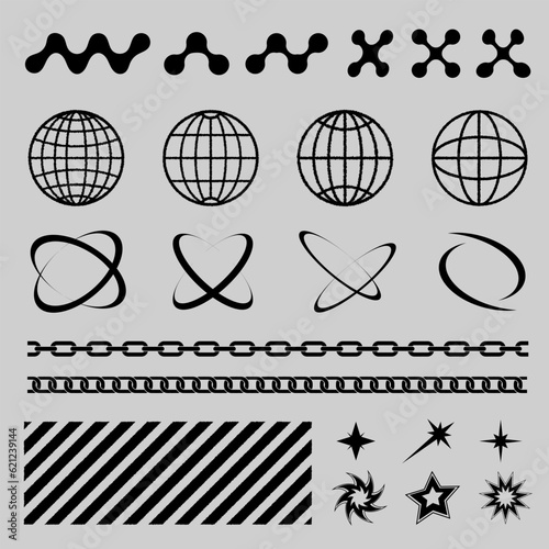 Set of black Y2K retro elements, globes and abstract shapes, street wear element design 