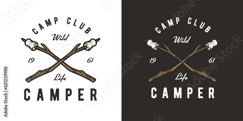 Marshmallow on a camping stick for canpfire. Forest wild outdoor adventure isolated element