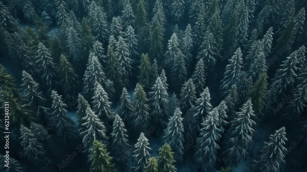 Fototapeta premium Generative AI. Coniferous forest in the snow, aerial view. Minimalistic nature reserve winter banner. Tops of firs and pines.