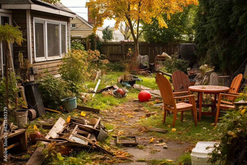 Dirty and Cluttered Backyard in Need of Landscaping: Overgrown Lawn and Abandoned Garden Design: Generative AI - obrazy, fototapety, plakaty 
