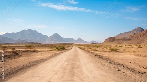 Dirt Road Winding Through the Stunning Hajar Mountains of Dubai, UAE - A Picture of Arabian Beauty amidst Barren Land with Clear Blue Skies above: Generative AI