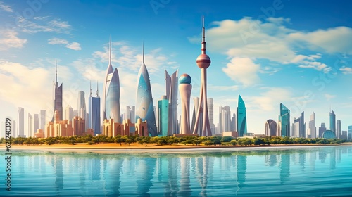 Discover the beauty of Kuwait City's skyline with its stunning skyscrapers and iconic architecture in 16:9 format: Generative AI