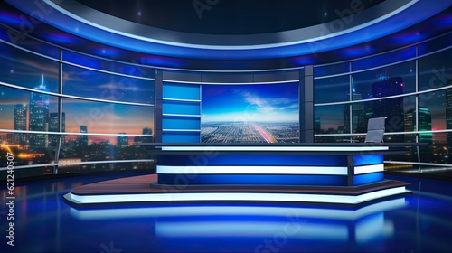 Live from the Newsroom: Professional Newscaster Reporting on the Day's Events on TV Broadcasting Channel Set: Generative AI
