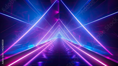 Neon Lines in Futuristic Corridor with Abstract Triangle Background - Colorful Laser Light and Geometric Design for Digital Technology, Modern Blue Spectrum - 3D Illustration. Generative AI