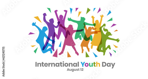 International Youth Day Banner With Young People Sillhouette Abstract Colorful Geometric Ornaments