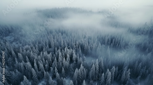 Generative AI. Coniferous forest in the snow, aerial view. Minimalistic nature reserve winter banner. Tops of firs and pines.