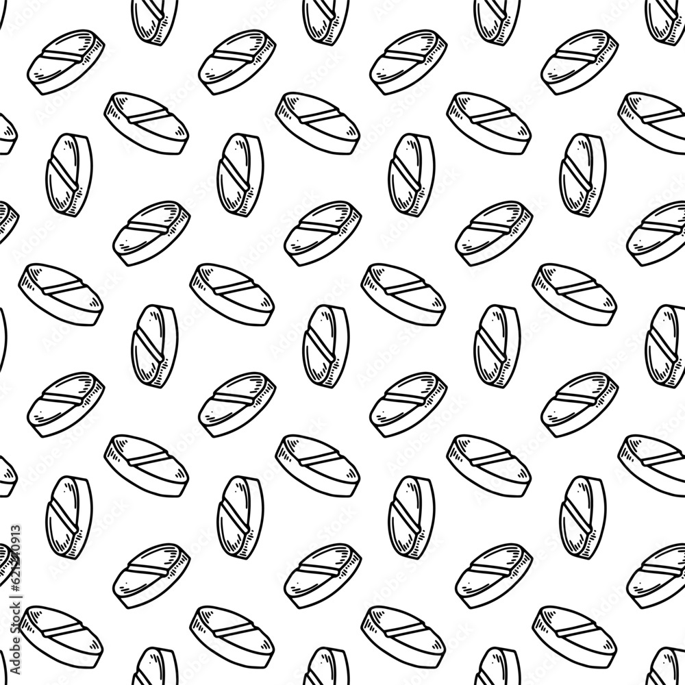 Pills seamless pattern. Hand drawn vector background in doodle sketch style. Pharmacy medical design