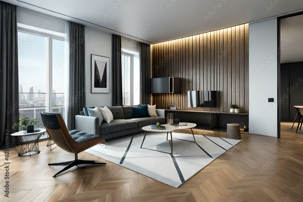 luxury studio apartment with a free layout in a loft style in dark ...