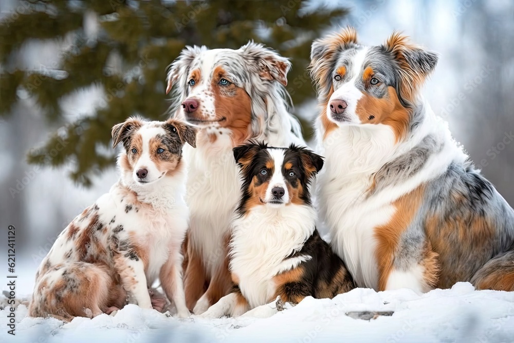 multiple dogs sitting together in a snowy landscape. Generative AI