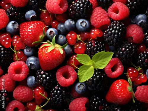 Colorful berries background of strawberries  raspberries  blueberries  currants