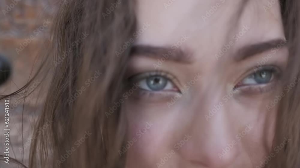 Face young woman with gray eyes and long flowing hair Face young woman with gray eyes and long flowing hair