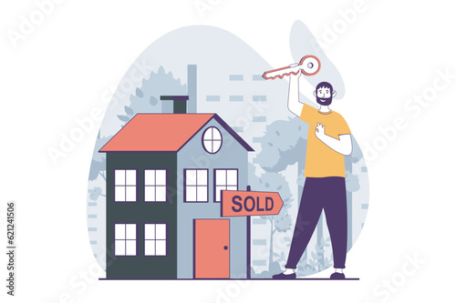 Real estate concept with people scene in flat design for web. Man choices and buys apartment, receiving key and moving into new house. Vector illustration for social media banner, marketing material.