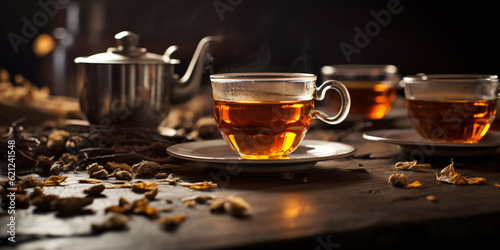 cup of tea on a wooden table dark background 