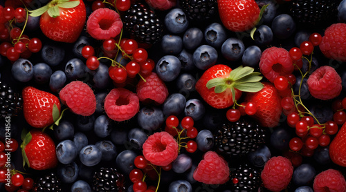 Colorful berries background of strawberries  raspberries  blueberries  currants