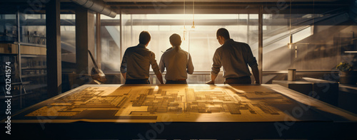 Tableau sur toile team of architects or engineers collaborating working in a office on  plan build