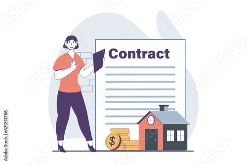 Real estate concept with people scene in flat design for web. Woman investing money in buying house and signing contract of owning. Vector illustration for social media banner, marketing material.