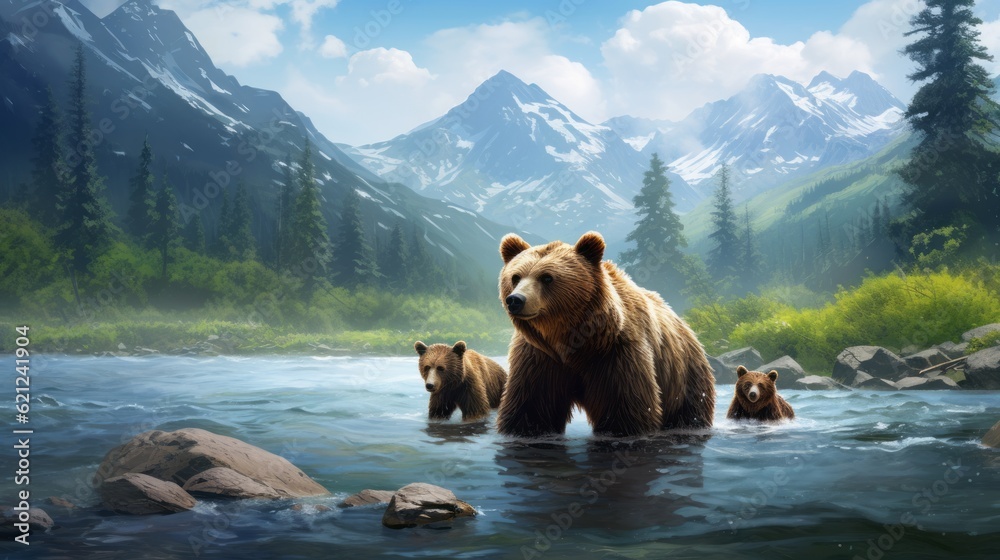 Generative AI. A brown bear with cubs came to a clear mountain river to hunt and catch some fish. A predatory animal near the water teaches children to get food. Generative AI. A brown bear with cubs came to a clear mountain river to hunt and catch some fish. A predatory animal near the water teaches children to get food.