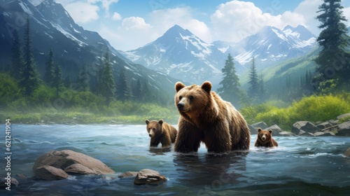 Generative AI. A brown bear with cubs came to a clear mountain river to hunt and catch some fish. A predatory animal near the water teaches children to get food.