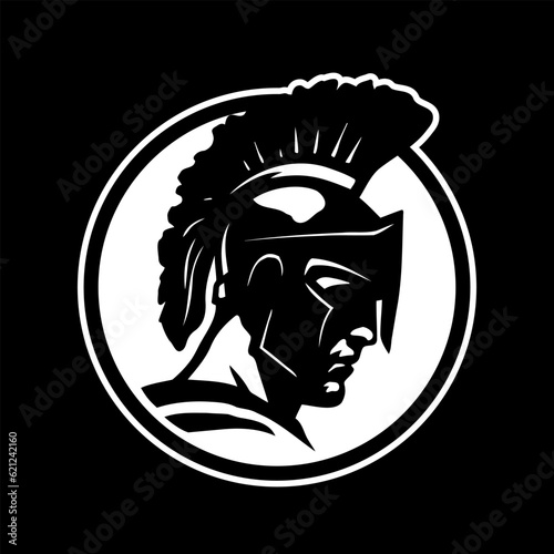 Round spartan warrior logo, emblem on a dark background. Vector illustration.