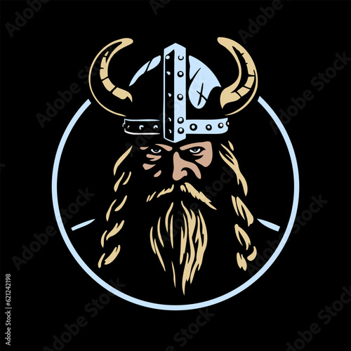 Viking warrior in a helmet with horns on a dark background. Vector illustration.