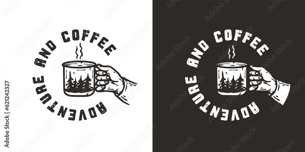 Fototapeta premium Hand of traveller holding a camping mug. An element for travel or adventure outdoor