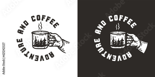 Hand of traveller holding a camping mug. An element for travel or adventure outdoor