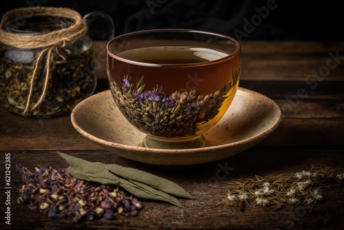 tea cup with assorted dried herbs on a wooden surface. Generative AI