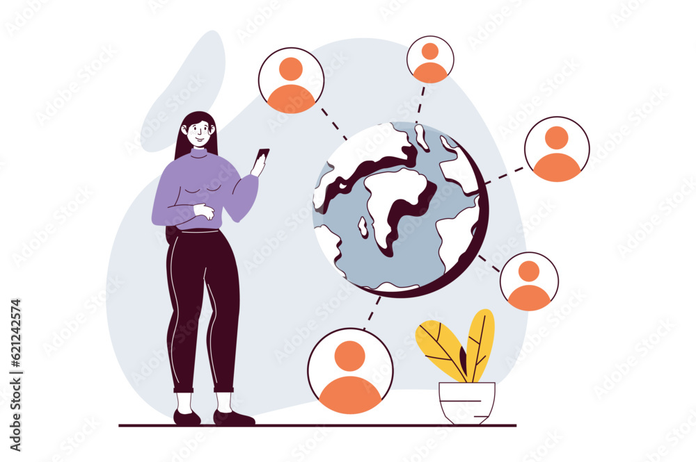 Social network concept with people scene in flat design for web. Woman getting contacts and connecting online with friends in global. Vector illustration for social media banner, marketing material. Social network concept with people scene in flat design for web. Woman getting contacts and connecting online with friends in global. Vector illustration for social media banner, marketing material.