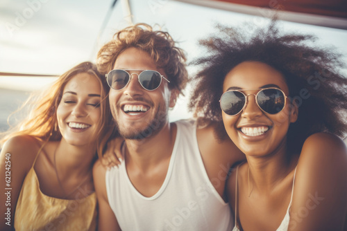 Group of mix race young people having a party on the luxury yacht