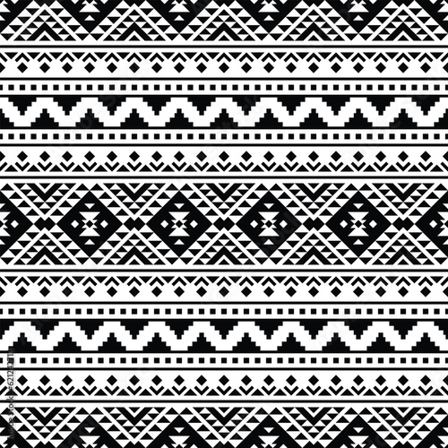 Geometric seamless border pattern. Aztec and Navajo tribal with retro style. Ethnic ornament pattern. Black and white colors. Design for template, fabric, weave, cover, carpet, tile, accessory.