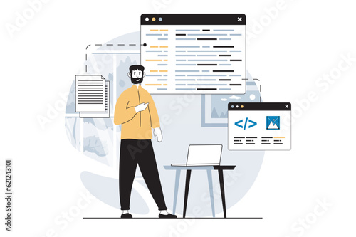 Software development concept with people scene in flat design for web. Man designer programming and optimization application code. Vector illustration for social media banner, marketing material.