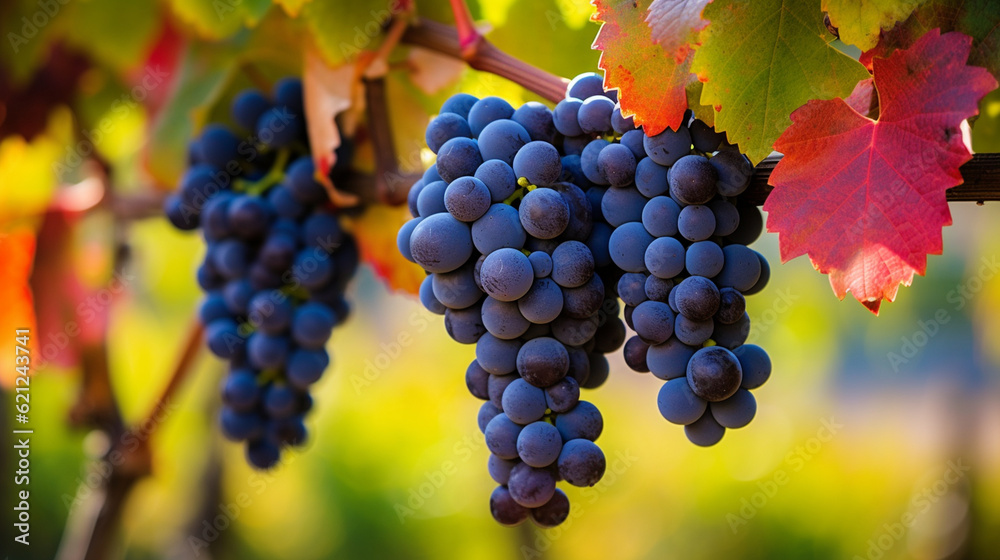 A captivating macro shot of grapes hanging from the vine, showcasing their plumpness and the vibrant colors of autumn Generative AI A captivating macro shot of grapes hanging from the vine, showcasing their plumpness and the vibrant colors of autumn Generative AI