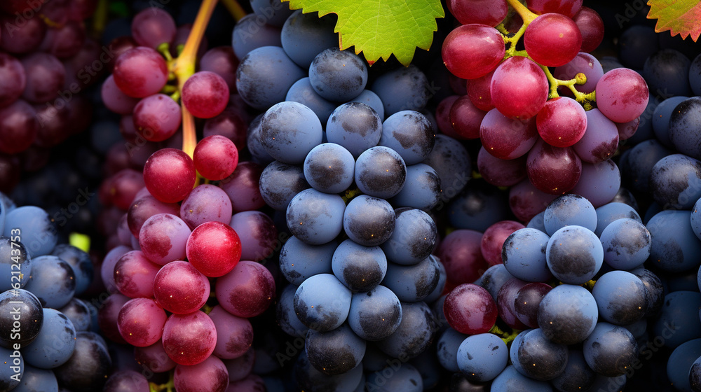 A close-up view of grape clusters in various stages of ripeness, highlighting the unique patterns and textures of each cluster Generative AI