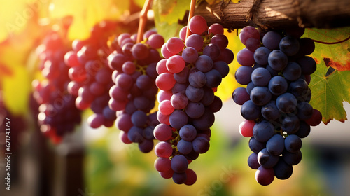 A captivating macro shot of grapes hanging from the vine, showcasing their plumpness and the vibrant colors of autumn Generative AI