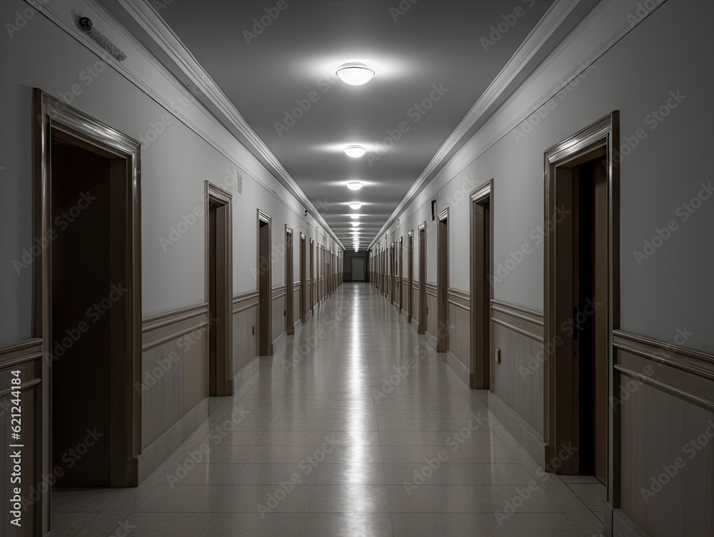 Empty long corridor with many doors, AI generative Empty long corridor with many doors, AI generative