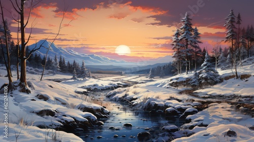 Serene Sunrise or Sunset with Snow-Covered Landscapes © Usablestores