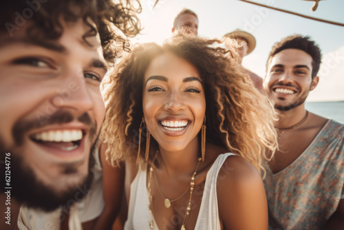 Group of mix race young people having a party on the luxury yacht