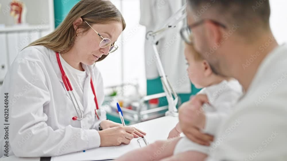 Hispanic father with baby on a doctor appointment at clinic