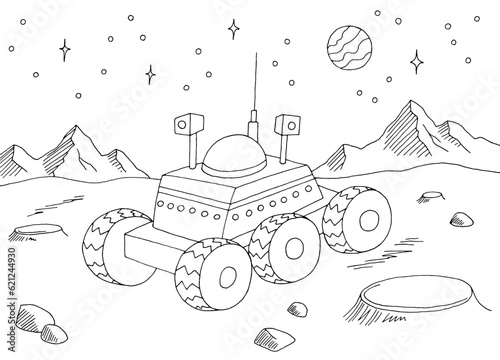 Mars rover on alien planet graphic black white space landscape sketch illustration vector