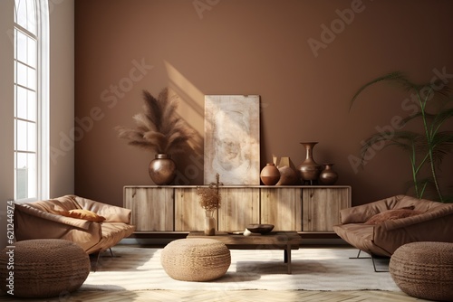 interior design, light ethnic boho decoration, living room in brown warm color